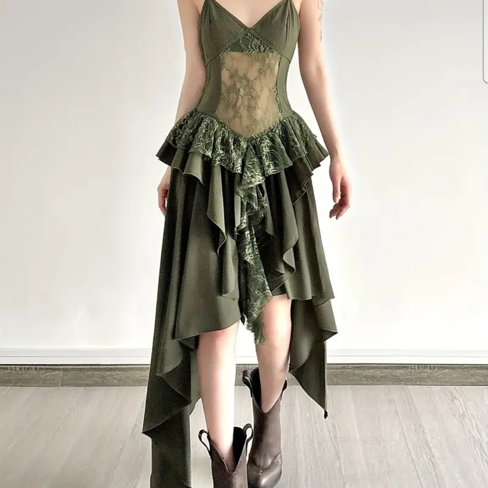 Chic Olive Green High-Low Lace Dress